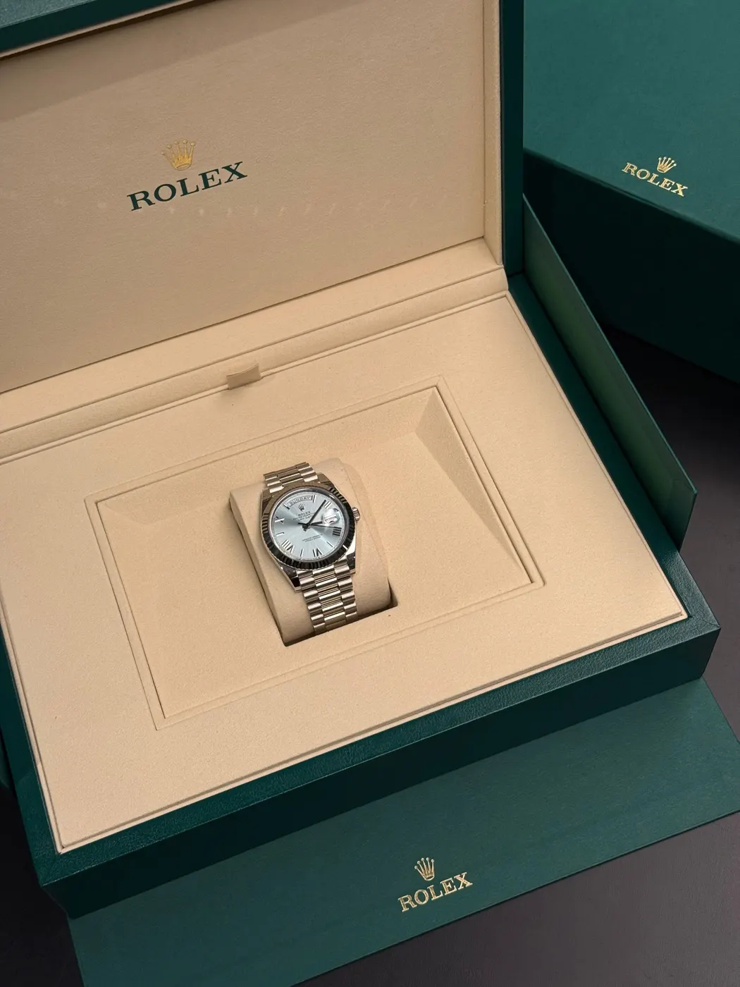 Rolex Day-Date in box, sourced by Prime Time Miami